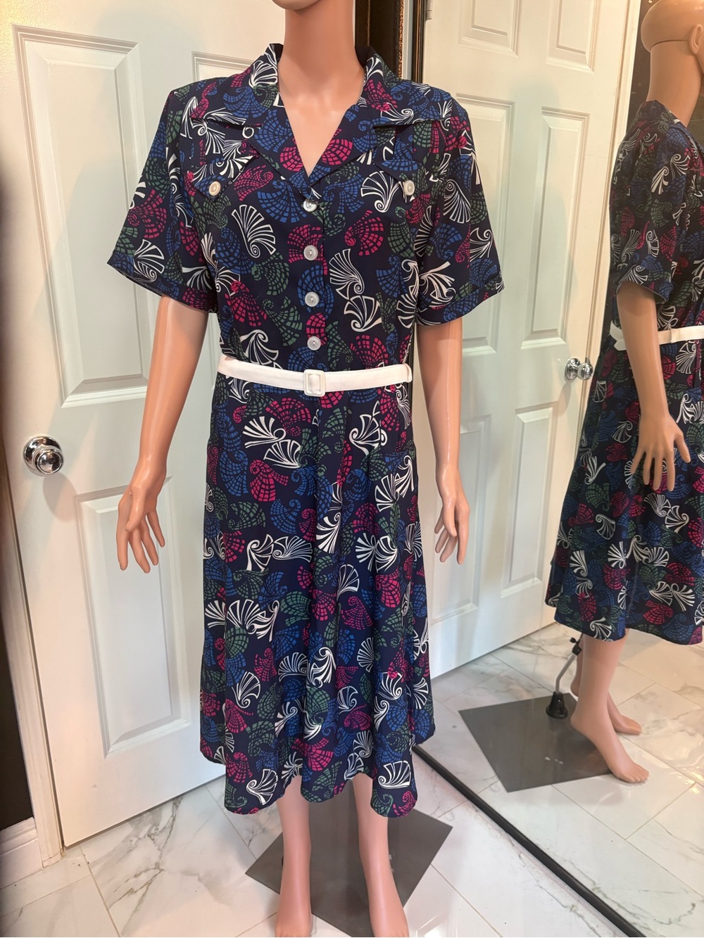 Pinup Couture Navy Midi Dress with Pink, Blue & White Floral Print